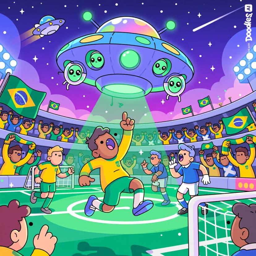 Aliens ship invading pitch on soccer game between Brazil and Scotland